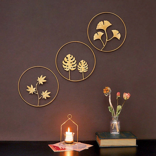 Nordic Style Wall Hanging Decoration Leaf Shape Iron Art  Retro Round