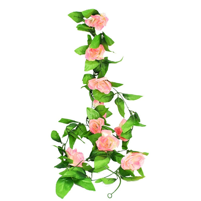 2.4m Silk Artificial Roses Flowers Rattan String Vine with Green Leaves Garden Decoration Hanging Garland Wall