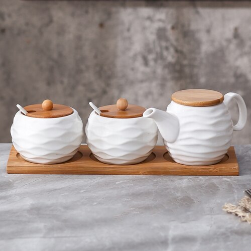 Ceramic Condiment Storage Jar Bamboo Tray