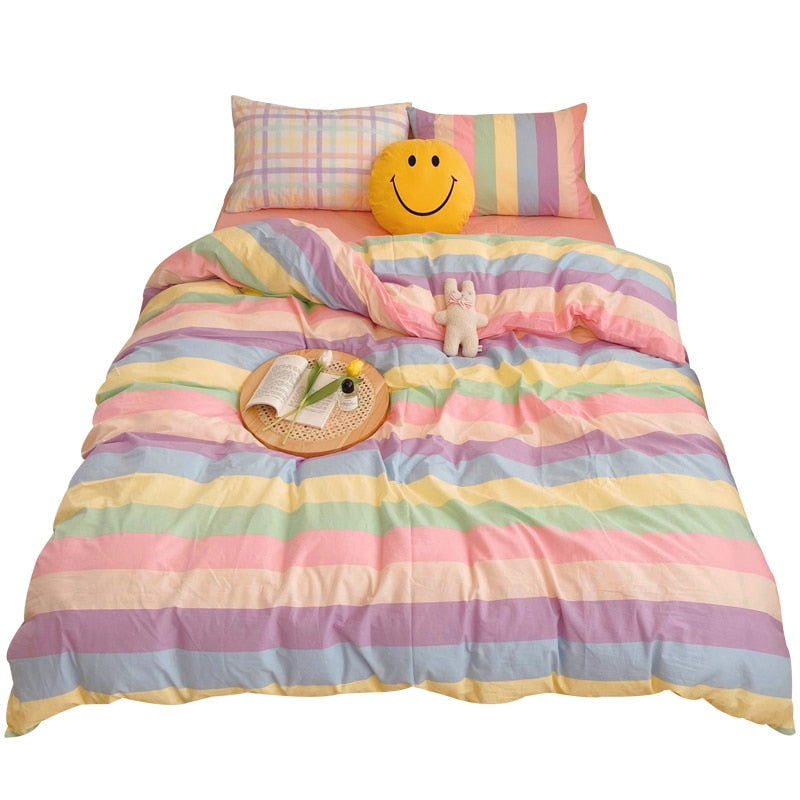 Kawaii Fashion Rainbow Bedding Set 100% Cotton Flat Bed Sheet And Pillowcases Luxury Korean Style Princess Twin Full Queen King