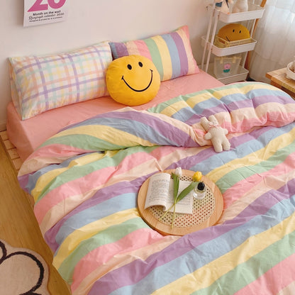 Kawaii Fashion Rainbow Bedding Set 100% Cotton Flat Bed Sheet And Pillowcases Luxury Korean Style Princess Twin Full Queen King