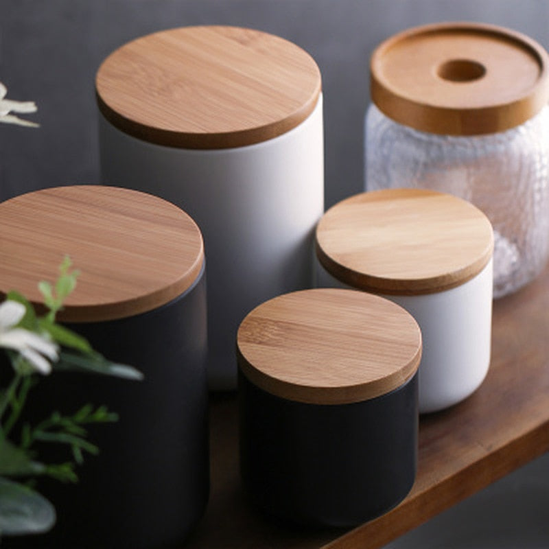 Nordic Style Ceramic Kitchen Storage Bottle Jar with Sealed Wood Lid