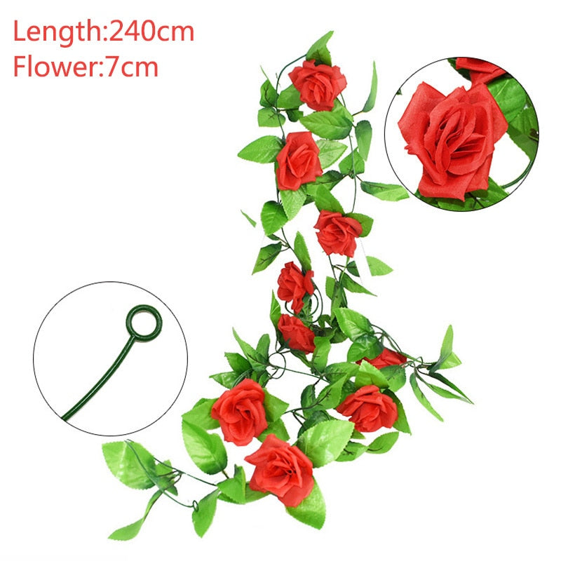 2.4m Silk Artificial Roses Flowers Rattan String Vine with Green Leaves Garden Decoration Hanging Garland Wall