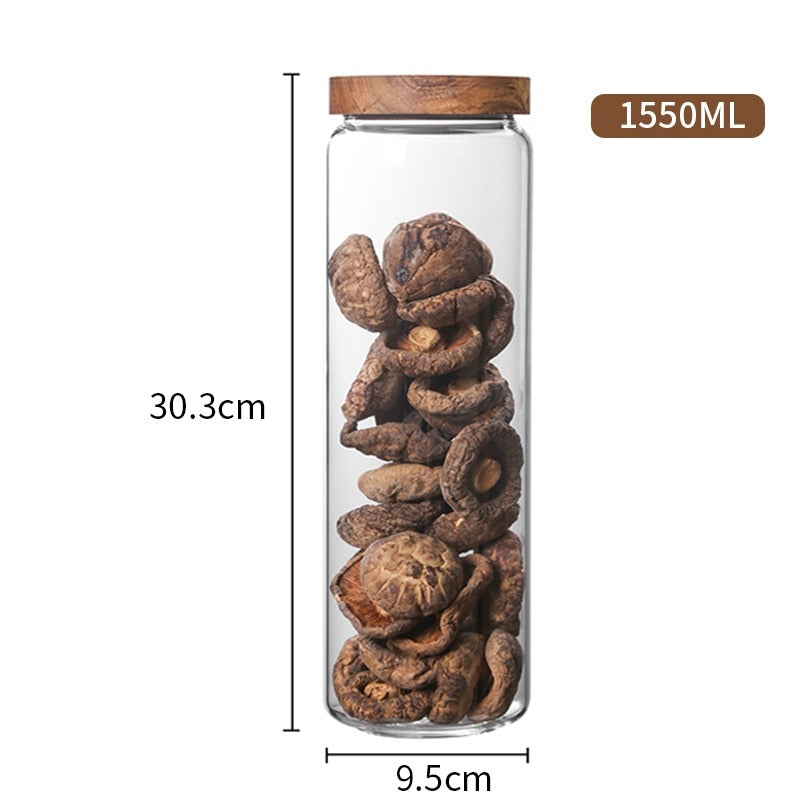 Wood Lid Glass Airtight Canister Kitchen Storage Bottles Jar Sealed Food Container Tea Coffee Beans Grains Candy Jars Organizer