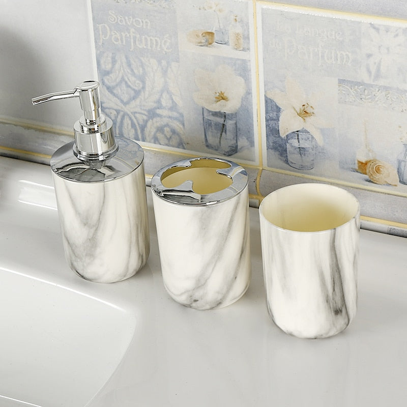 3pcs Plastic Marbled Bathroom Accessories Set