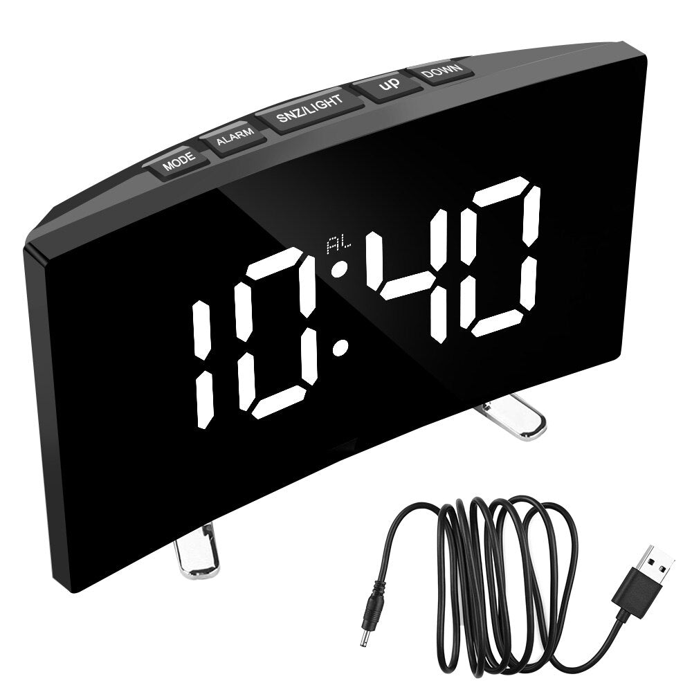 7 Inch Curved Dimmable Mirror LED Digital Alarm Clock (Multi Styles/Colors)