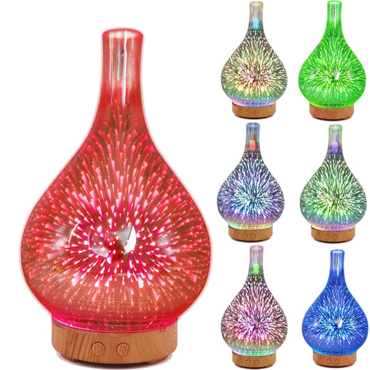 3D Firework Glass Vase Shape Air Humidifier with 7 Color Led Light Aroma Essential Oil Diffuser Mist Maker Ultrasonic (Multi Colors)