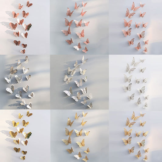 12Pcs/Set Hollow 3D Butterfly Wall Stickers For Home Decor Gold Silver Butterflies Decals