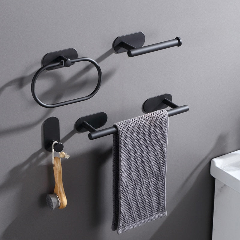 No Drilling Black Bathroom Accessories Sets Toilet Tissue Roll Paper Holder Towel Rack Bar Rail Ring Robe Clothes Hook Hardware