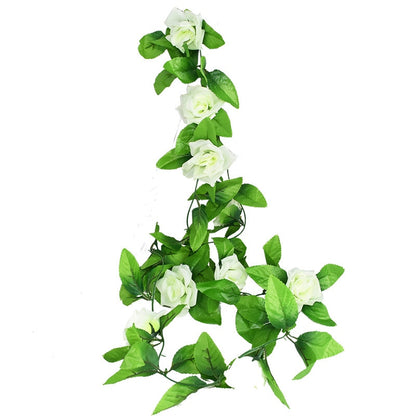 2.4m Silk Artificial Roses Flowers Rattan String Vine with Green Leaves Garden Decoration Hanging Garland Wall