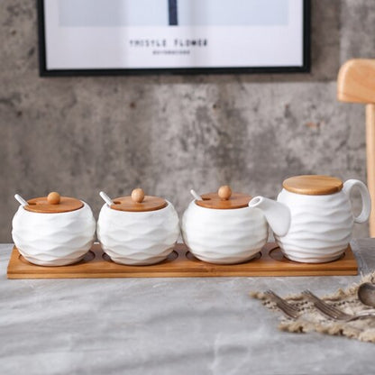 Ceramic Condiment Storage Jar Bamboo Tray