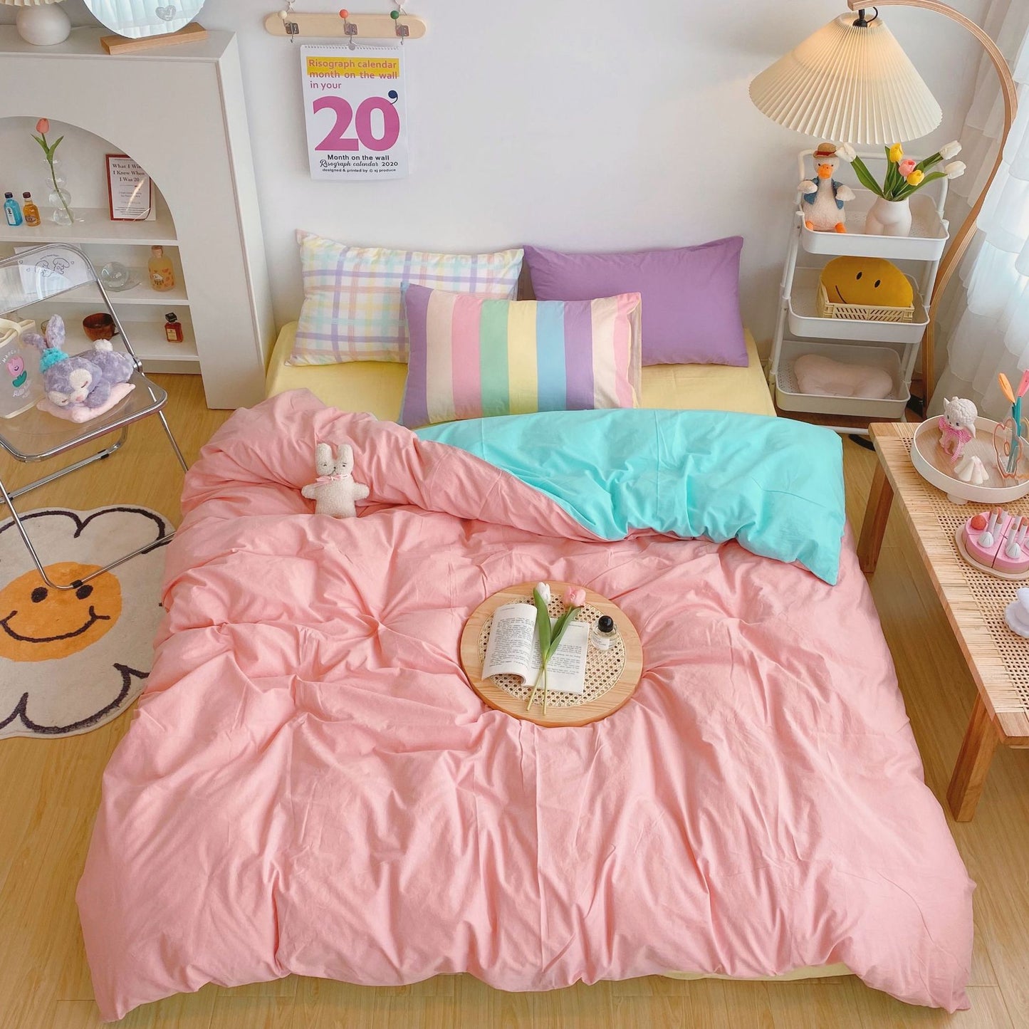 Kawaii Fashion Rainbow Bedding Set 100% Cotton Flat Bed Sheet And Pillowcases Luxury Korean Style Princess Twin Full Queen King