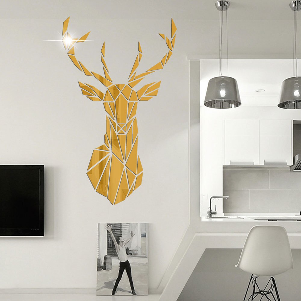 3D Deer Head Mirror Wall Sticker DIY Multiple Sizes Acrylic Mirror Stickers Mural Living Room Bedroom Kids Home Decoration