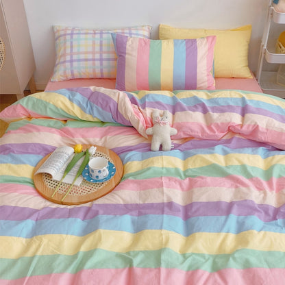 Kawaii Fashion Rainbow Bedding Set 100% Cotton Flat Bed Sheet And Pillowcases Luxury Korean Style Princess Twin Full Queen King