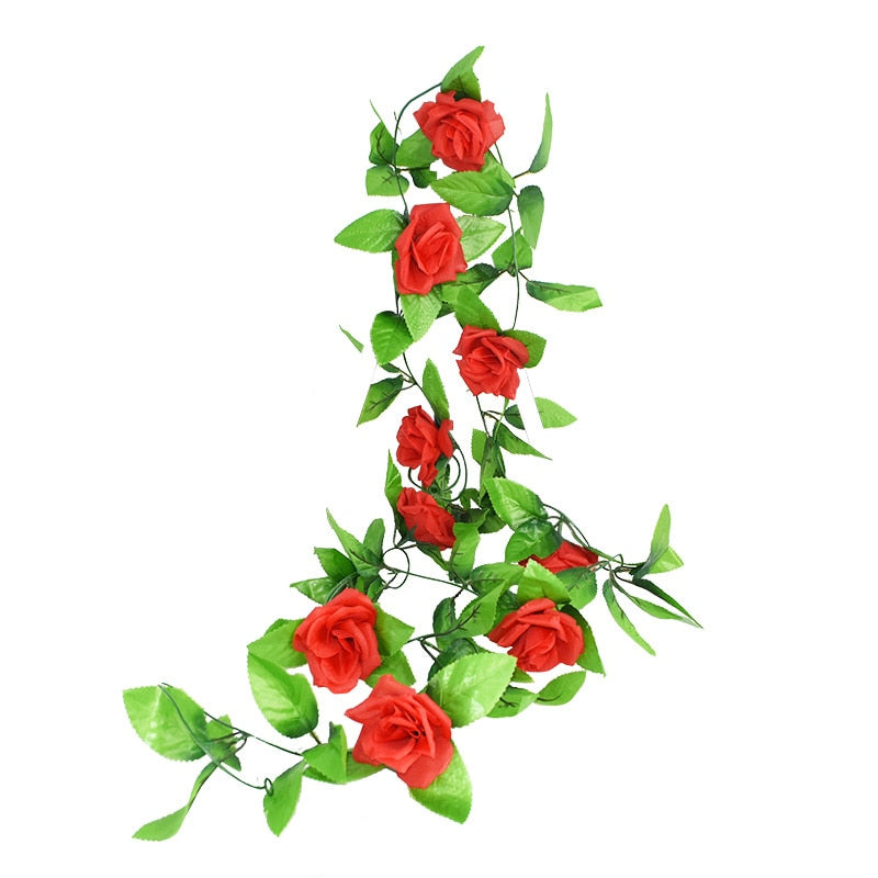 2.4m Silk Artificial Roses Flowers Rattan String Vine with Green Leaves Garden Decoration Hanging Garland Wall