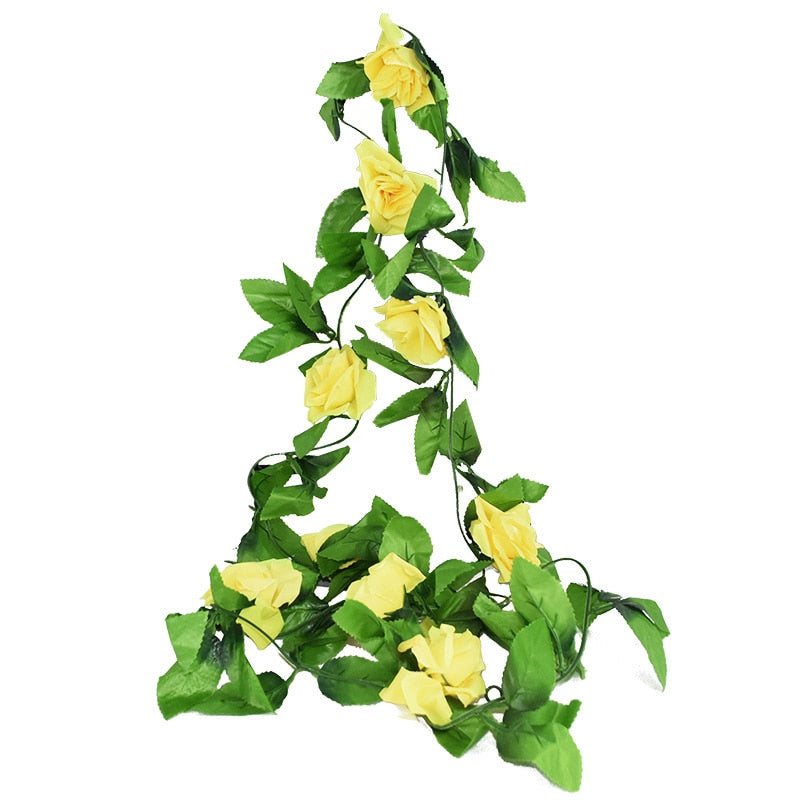 2.4m Silk Artificial Roses Flowers Rattan String Vine with Green Leaves Garden Decoration Hanging Garland Wall