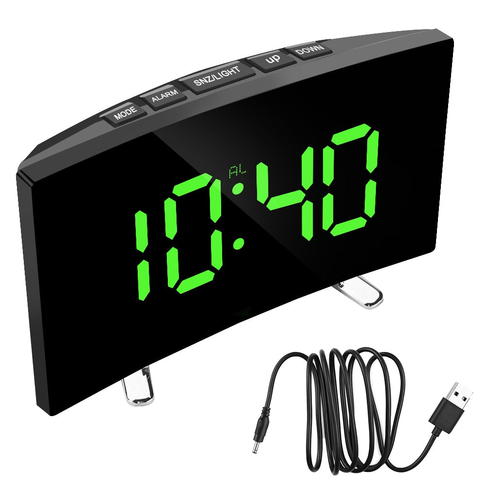 7 Inch Curved Dimmable Mirror LED Digital Alarm Clock (Multi Styles/Colors)