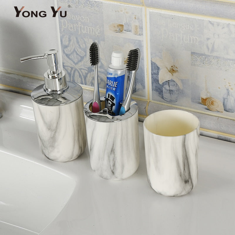 3pcs Plastic Marbled Bathroom Accessories Set