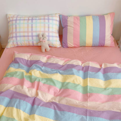 Kawaii Fashion Rainbow Bedding Set 100% Cotton Flat Bed Sheet And Pillowcases Luxury Korean Style Princess Twin Full Queen King