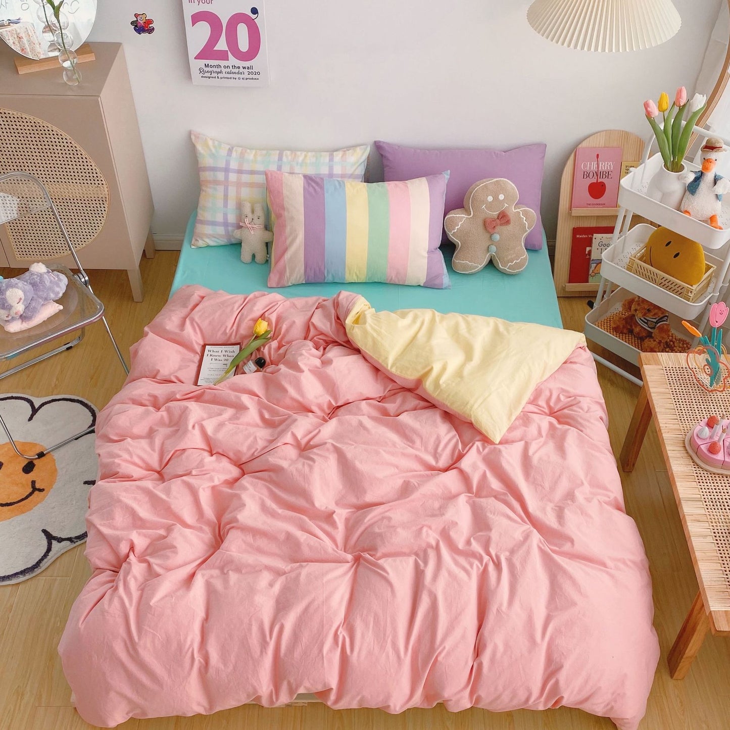 Kawaii Fashion Rainbow Bedding Set 100% Cotton Flat Bed Sheet And Pillowcases Luxury Korean Style Princess Twin Full Queen King