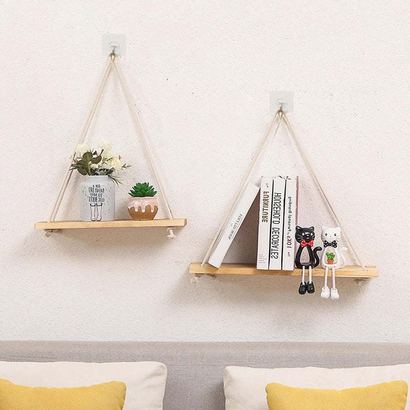 Decorative Shelves Premium Wood Swing Hanging Rope Wall Mounted Floating Shelves