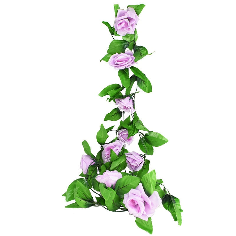 2.4m Silk Artificial Roses Flowers Rattan String Vine with Green Leaves Garden Decoration Hanging Garland Wall