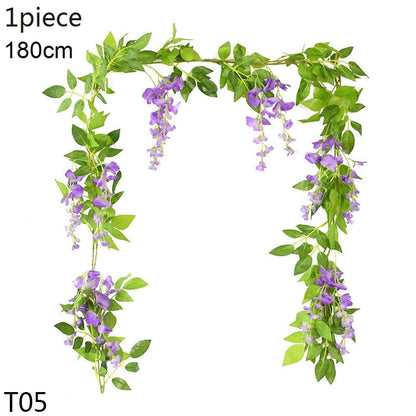 Wisteria Artificial Flower Vine Ivy Leaf Garland Silk Rose Flowers Rattan String Vine Arch Flower Home Garden Decoration