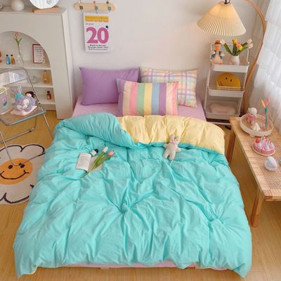 Kawaii Fashion Rainbow Bedding Set 100% Cotton Flat Bed Sheet And Pillowcases Luxury Korean Style Princess Twin Full Queen King