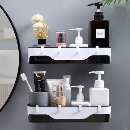 Wall-mounted Storage Rack Bathroom Shelf  For Kitchen With Hooks Storage Bathroom Accessories Without Drill Plastic Container