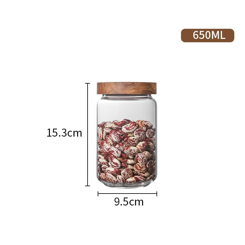 Wood Lid Glass Airtight Canister Kitchen Storage Bottles Jar Sealed Food Container Tea Coffee Beans Grains Candy Jars Organizer