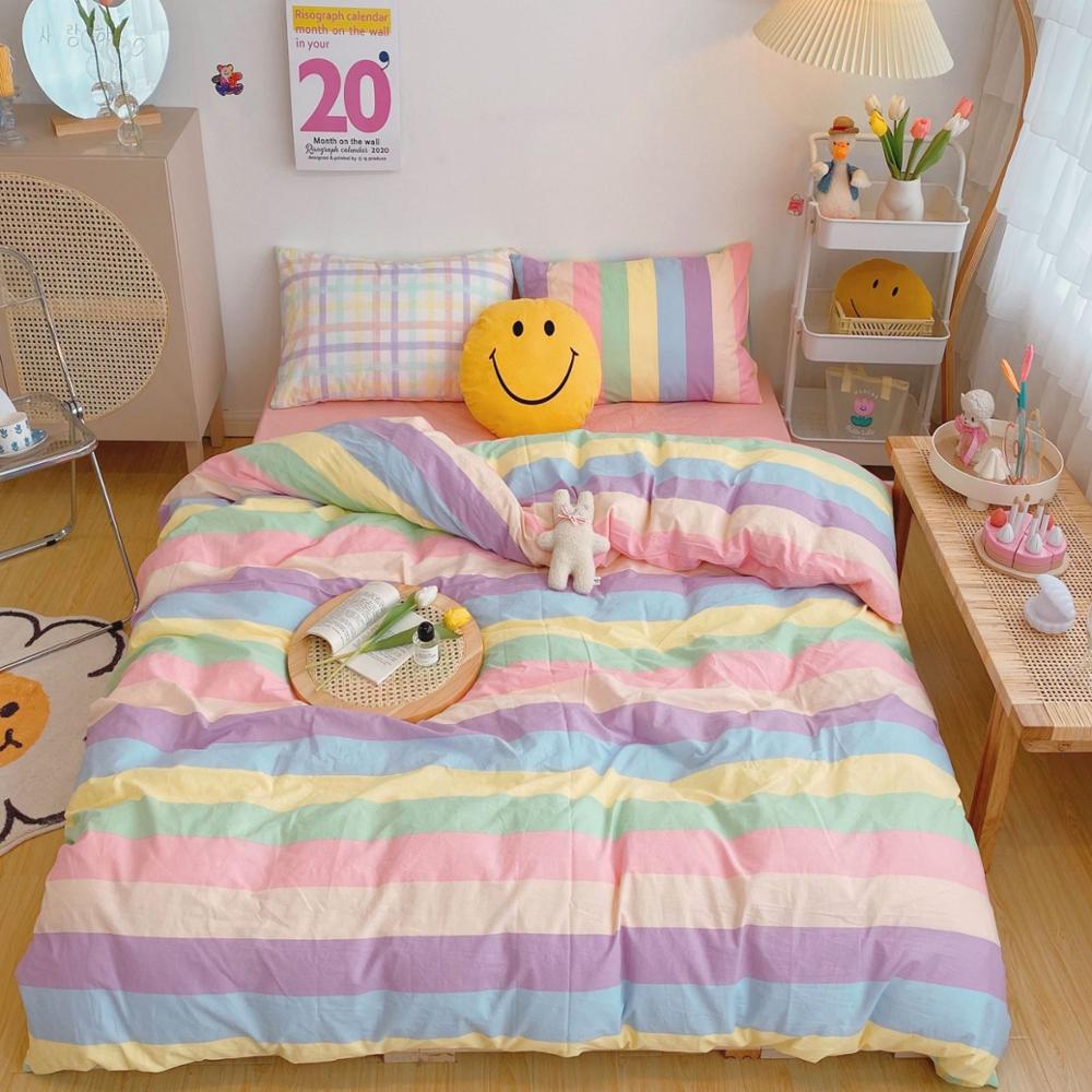 Kawaii Fashion Rainbow Bedding Set 100% Cotton Flat Bed Sheet And Pillowcases Luxury Korean Style Princess Twin Full Queen King