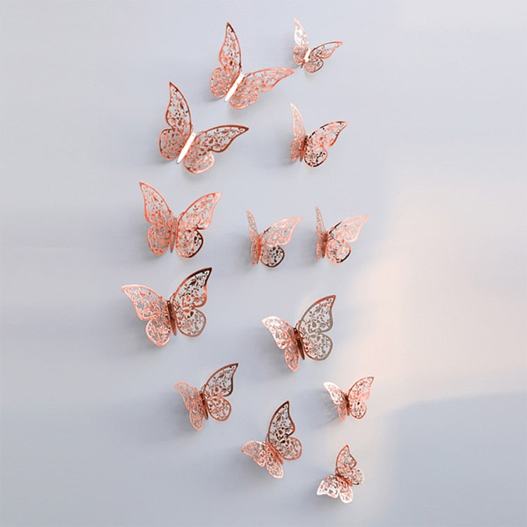 12Pcs/Set Hollow 3D Butterfly Wall Stickers For Home Decor Gold Silver Butterflies Decals