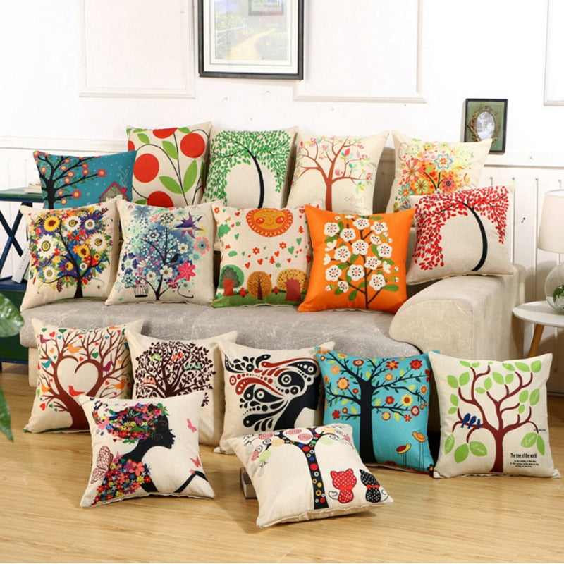 LOVE Happy Tree Printed Linen Pillow Covers (Multi Styles/ Colors)