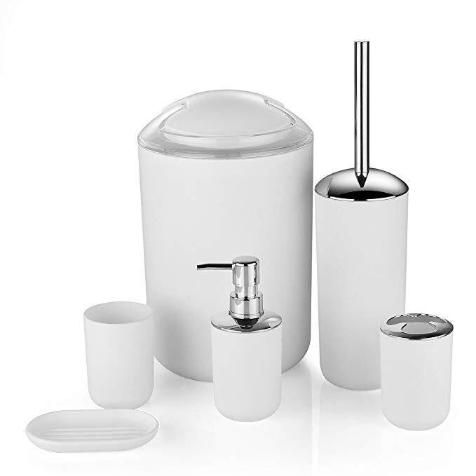 UNTIOR 6 Pcs Plastic Bathroom Accessories Set Toothbrush Holder Toothbrush Cup Soap Dispenser Soap Dish Toilet Brush Trash Can