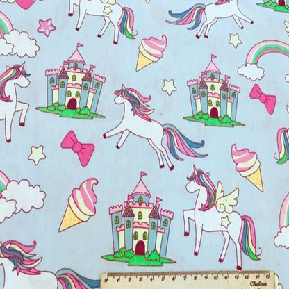 50x160cm Adorable Pink & Blue Cartoon Unicorn Rainbow Castle & Wave Printed 100% Cotton Fabric For DIY Sewing Quilting Baby Bedd