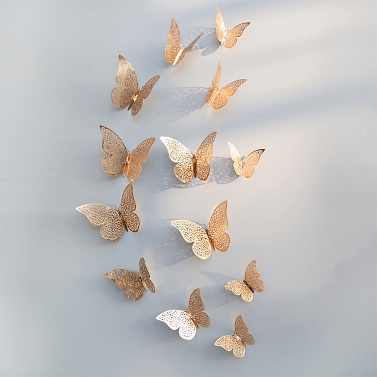 12Pcs/Set Hollow 3D Butterfly Wall Stickers For Home Decor Gold Silver Butterflies Decals