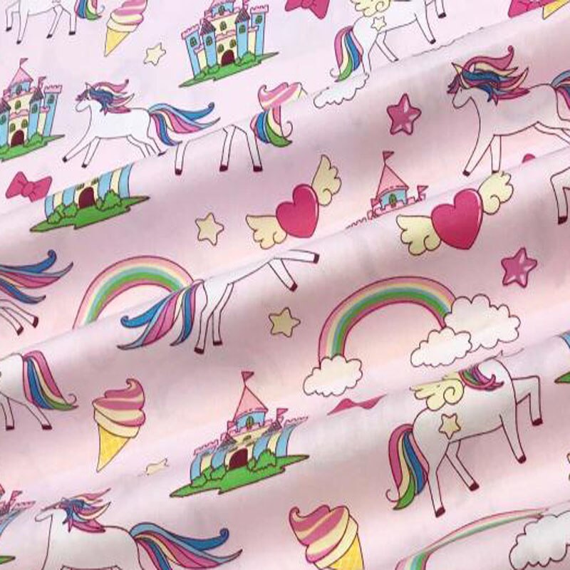 50x160cm Adorable Pink & Blue Cartoon Unicorn Rainbow Castle & Wave Printed 100% Cotton Fabric For DIY Sewing Quilting Baby Bedd