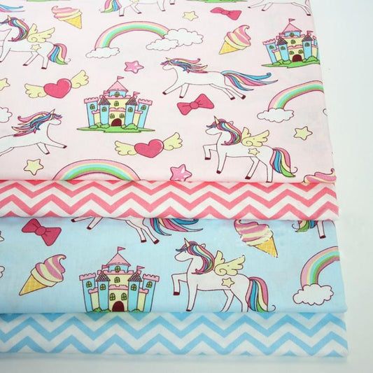 50x160cm Adorable Pink & Blue Cartoon Unicorn Rainbow Castle & Wave Printed 100% Cotton Fabric For DIY Sewing Quilting Baby Bedd