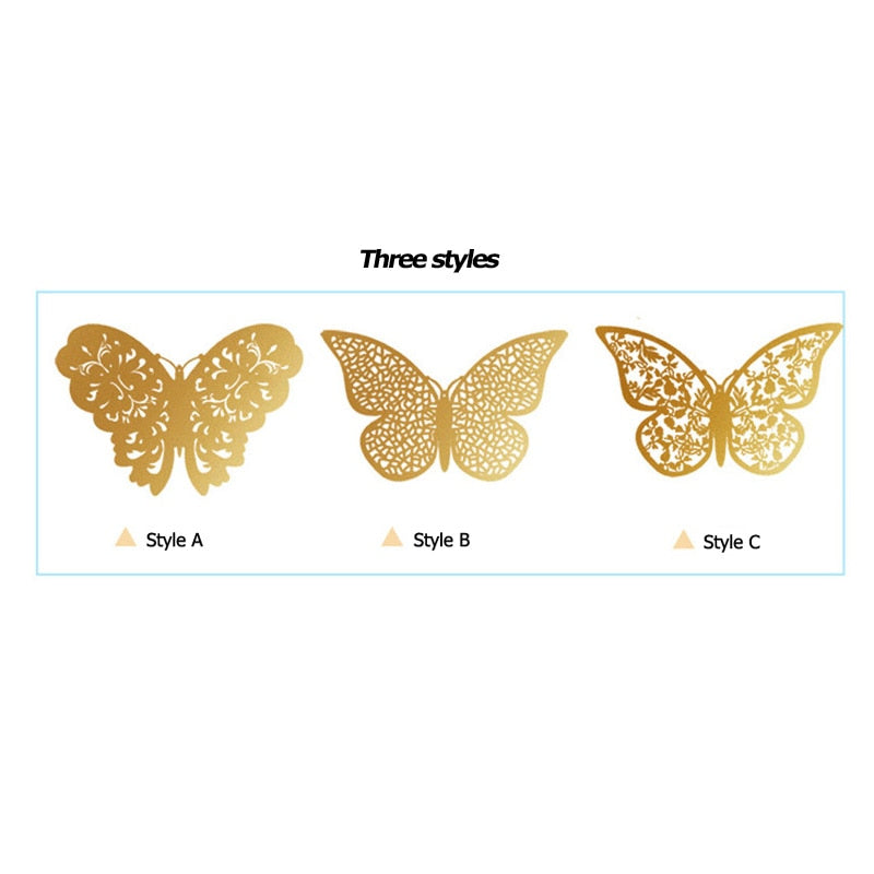 12Pcs/Set Hollow 3D Butterfly Wall Stickers For Home Decor Gold Silver Butterflies Decals