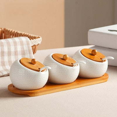 Ceramic Condiment Storage Jar Bamboo Tray