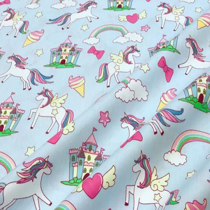 50x160cm Adorable Pink & Blue Cartoon Unicorn Rainbow Castle & Wave Printed 100% Cotton Fabric For DIY Sewing Quilting Baby Bedd