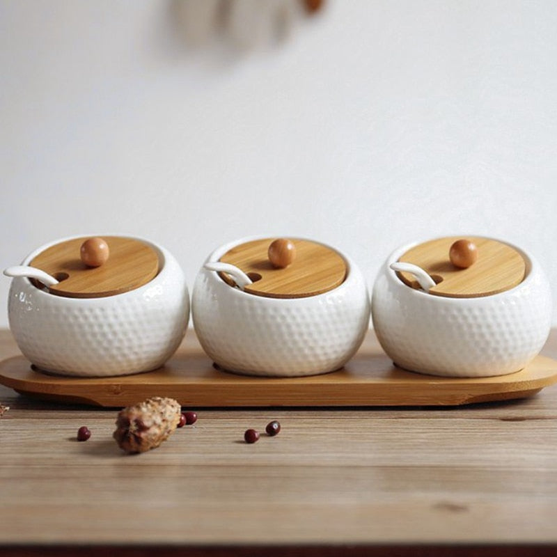 Ceramic Condiment Storage Jar Bamboo Tray