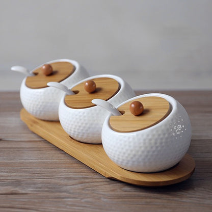 Ceramic Condiment Storage Jar Bamboo Tray