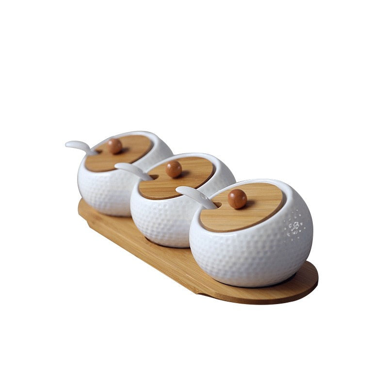 Ceramic Condiment Storage Jar Bamboo Tray