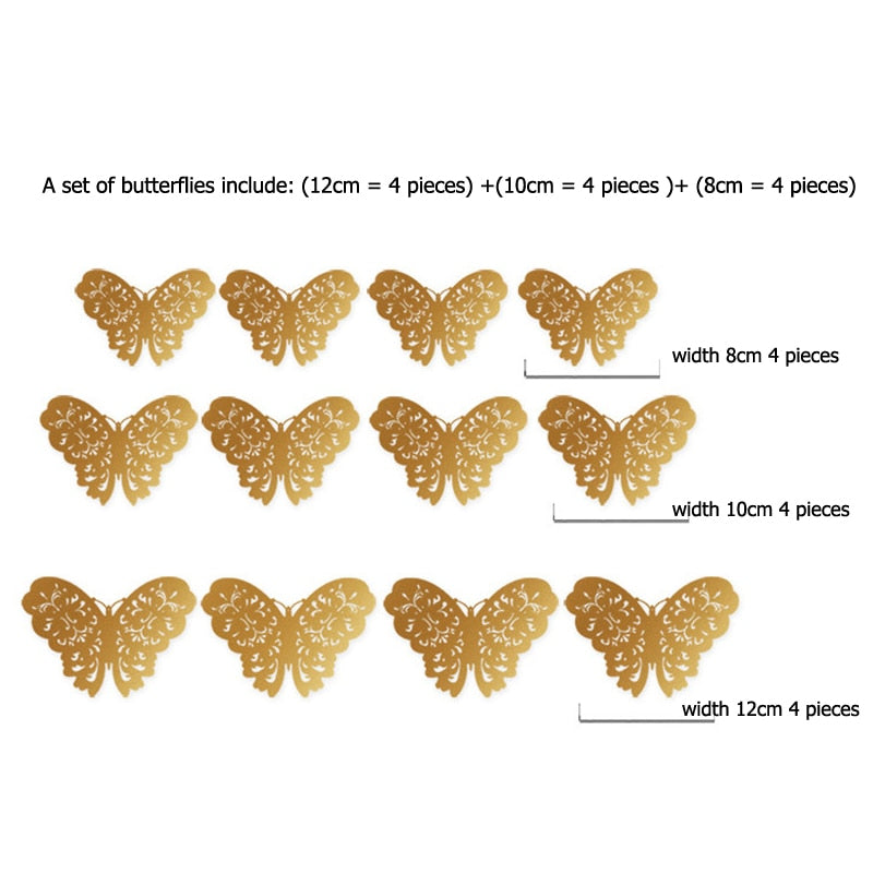 12Pcs/Set Hollow 3D Butterfly Wall Stickers For Home Decor Gold Silver Butterflies Decals