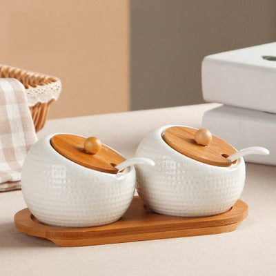 Ceramic Condiment Storage Jar Bamboo Tray