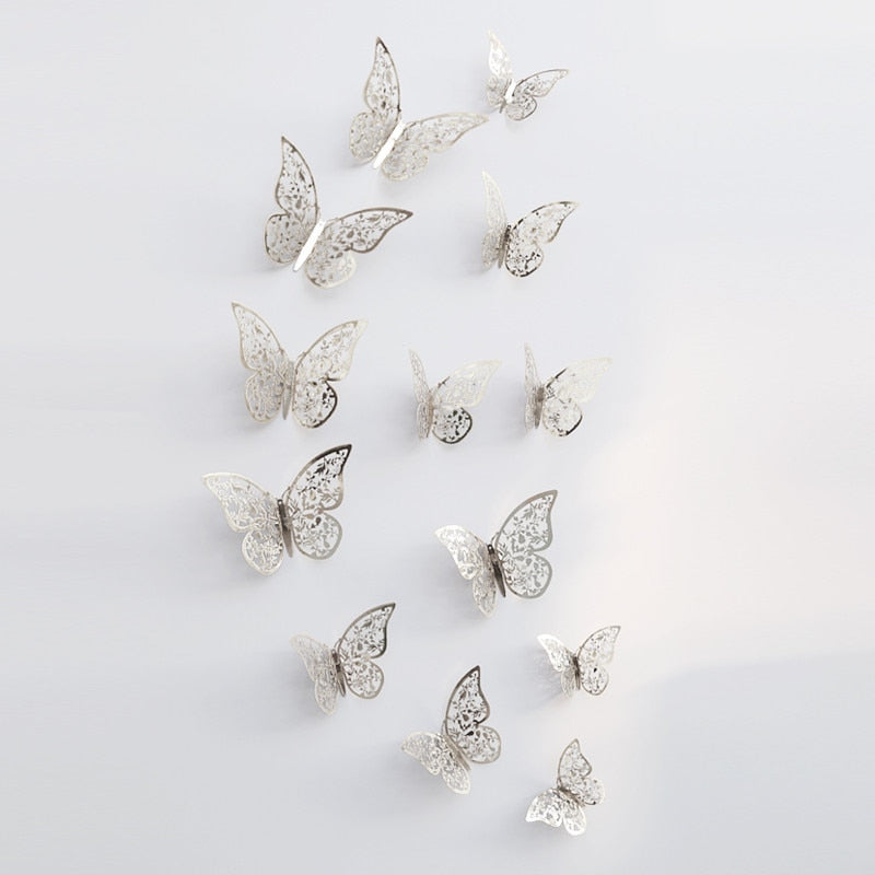 12Pcs/Set Hollow 3D Butterfly Wall Stickers For Home Decor Gold Silver Butterflies Decals