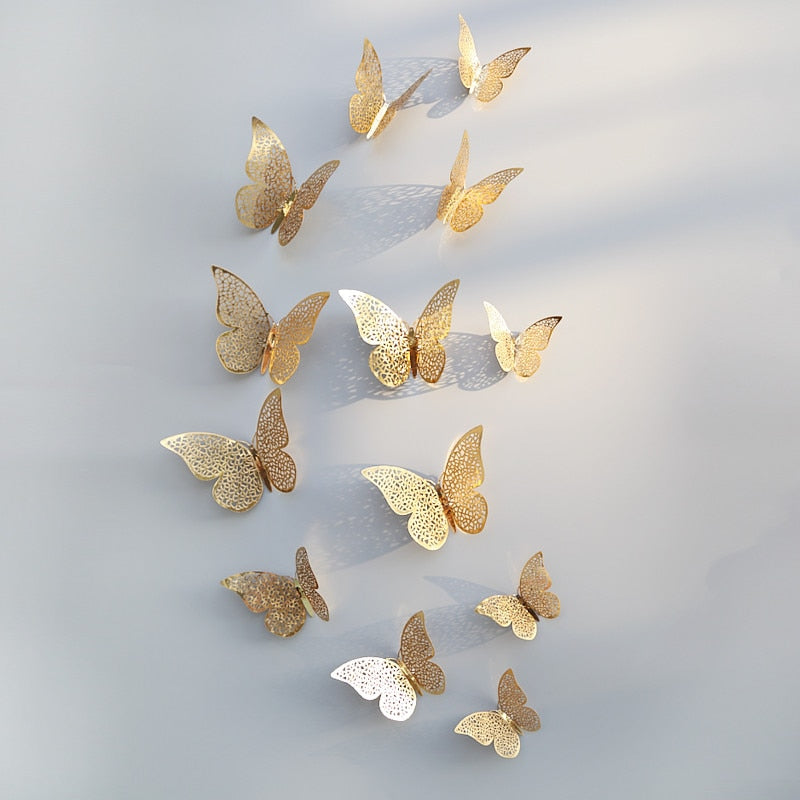 12Pcs/Set Hollow 3D Butterfly Wall Stickers For Home Decor Gold Silver Butterflies Decals