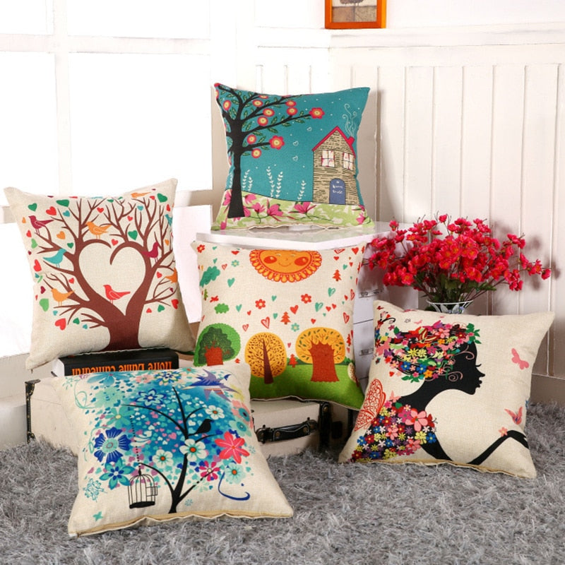 LOVE Happy Tree Printed Linen Pillow Covers (Multi Styles/ Colors)