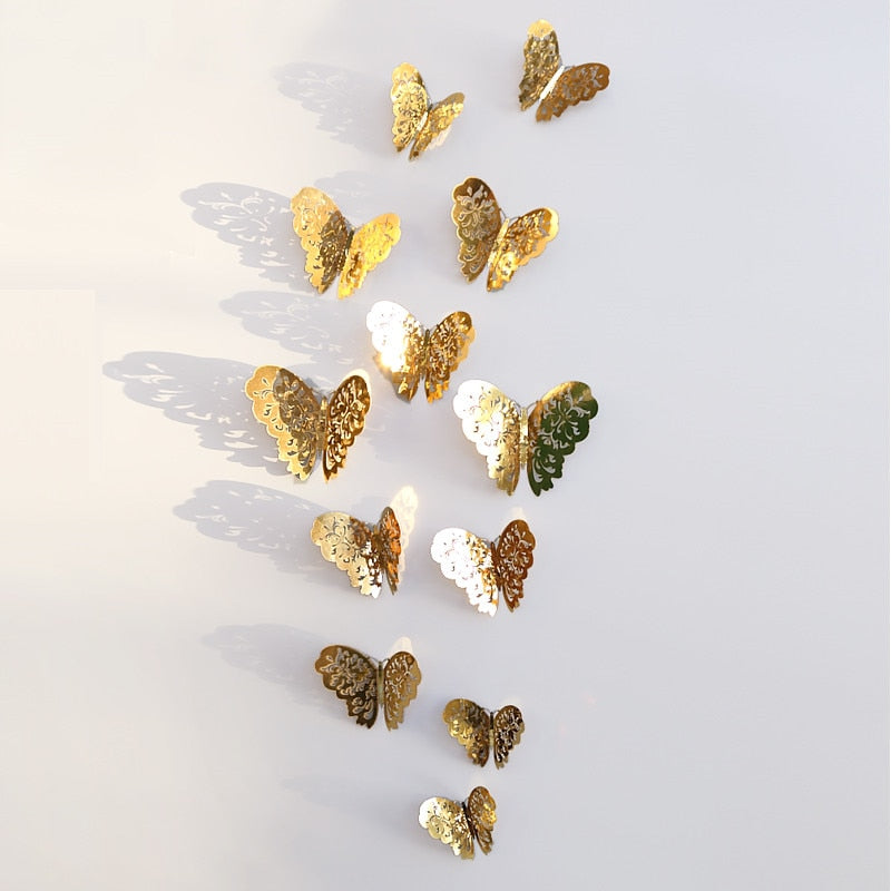 12Pcs/Set Hollow 3D Butterfly Wall Stickers For Home Decor Gold Silver Butterflies Decals